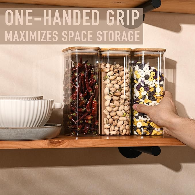 56oz Rectangle Airtight Glass Storage Containers with Bamboo Lids (Set of 3), Square Food Storage Jar, Pantry Organizers for Oats, Cereal, Pasta and Coffee beans (?럚ith Black Lable)