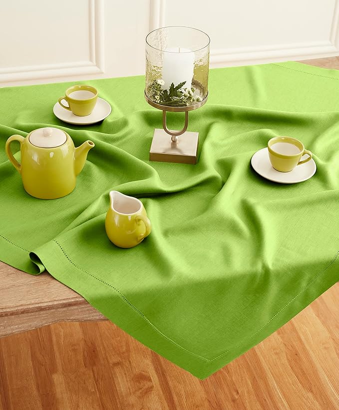Solino Home Linen Square Tablecloth 52 x 52 Inch - 100% Pure Linen Lime Green Table Throw - Classic Hemstitch, Machine Washable Table Cloth for Spring, Easter, St Patricks Day