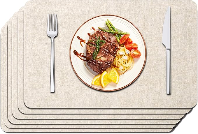 Maxpearl Faux Leather Placemats Set of 6 - Waterproof - Wipe Clean - Heat Resistant - Anti Slip Dining Table Place Mats, Suitable for Indoor & Outdoor Use, 17?쇺쇒?2?쇺? Beige