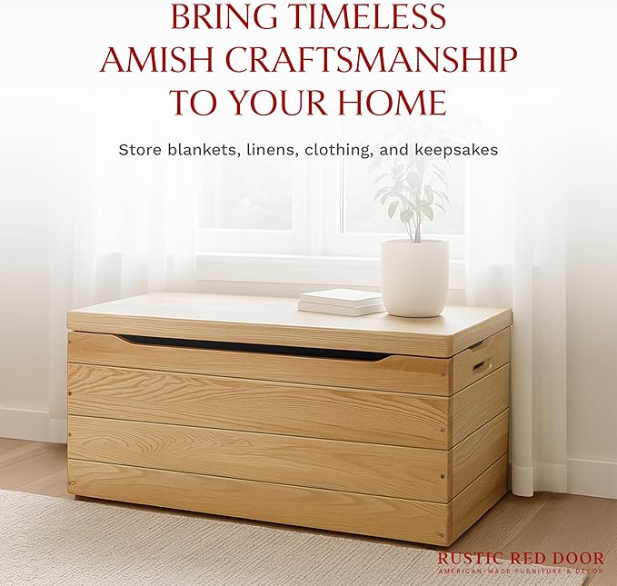 Hope Woodworking Amish Made Wooden Storage Chest Trunk Box with Lid and Handles for Bedroolanket, Clothes, Anti-Slam Hinges, Handmade, Rustic, Oak Wood, Natural Stain, 42"