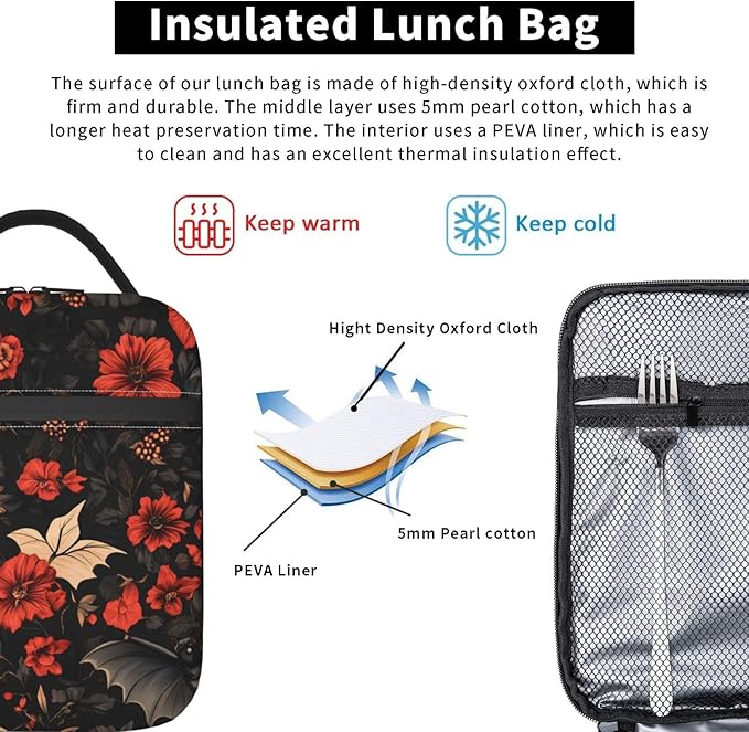 VANZEV Insulated Lunch Box for Women Men, Gothic Floral Bat Theme Lunch Box Reusable Portable Lunch Bag Cooler Tote Waterproof Lunch Container for Office Picnic Work Travel