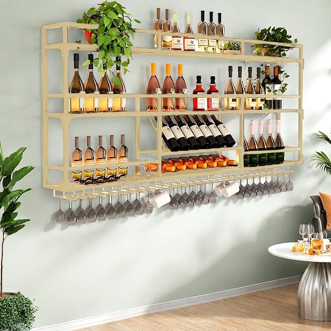 79Inch Metal Wall-Mounted Wine Rack with LED Light - 3 Tier Wine Storage Display Rack with Glass Holder - Space-Saving Bottle Display Shelf for Home Bars, Dining Rooms, Gold