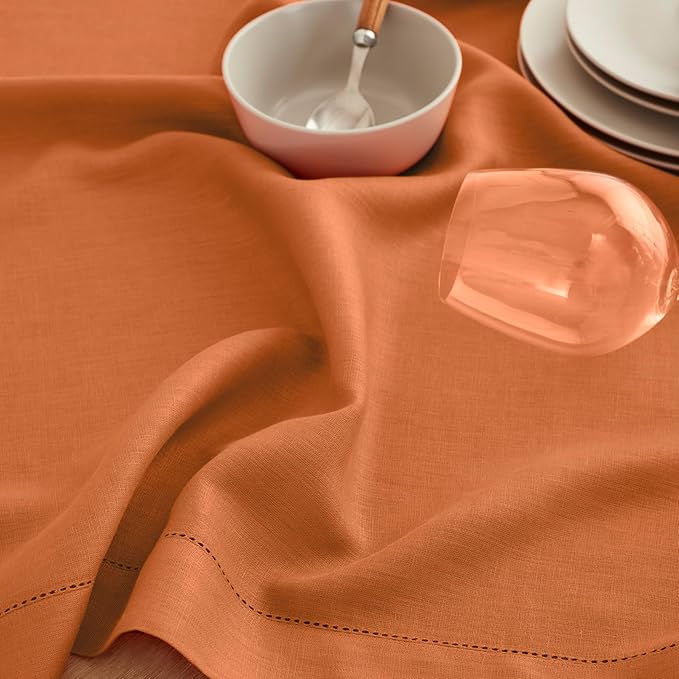 Solino Home Linen Napkins Set of 4 - Classic Hemstitch 100% Pure Linen Pumpkin Dinner Napkins Cloth 20 x 20 Inch - Handcrafted and Machine Washable