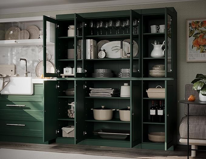 Palace Imports 100% Solid Wood Kitchen Pantry Hutch, Green, 65" w x 71.5" h x 15.5" d, Renewable Eco-Friendly Wood, Made in Brazil