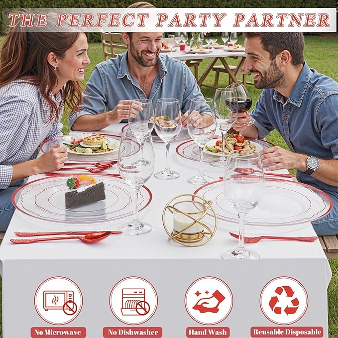 WDF 12 Inch Red Charger Plates - Charger Plates Bulk - 25Pack Plastic Clear and Red Charge Plate Perfect for Wedding/Party/Valentine's Day