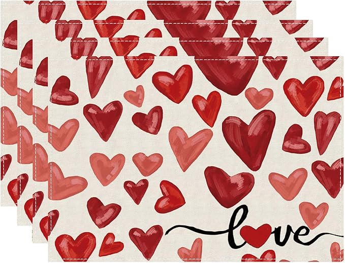 XCHI Watercolor Red Love Hearts Valentine?셲 Day Placemats Set of 4 Table Mats for Party Home Kitchen Dining Table Decorations 12x18 Inch