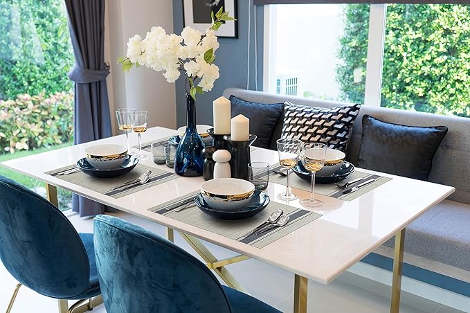 More D챕cor Dining Table Placemats, Washable Heat-Resistant PVC Vinyl Table Mats for Dining Room and Kitchen, Anti-Slip - Set of 4 - Vertical Striped Blue - Grey