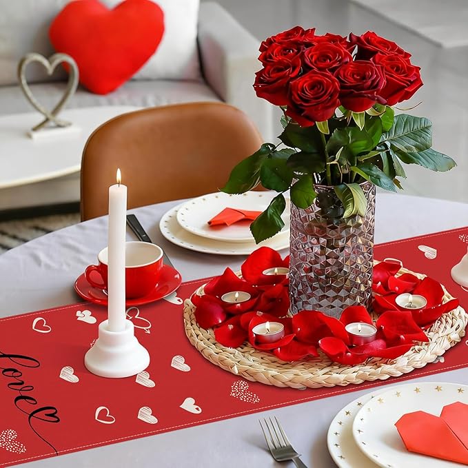 Valentines Day Table Runner 13x60 Inch, Love Hearts Valentine Table Runner, Anniversary Home Kitchen Dining Table Holiday Party Decorations (Red)