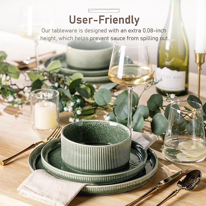 GBHOME Stoneware Dinnerware Sets for 8,Round Reactive Glaze Ceramic Plates and Bowls Set,Highly Scratch Resistant | Dishwasher & Microwave Safe Dishes Set,Service for 8(24Pcs),Dark Green