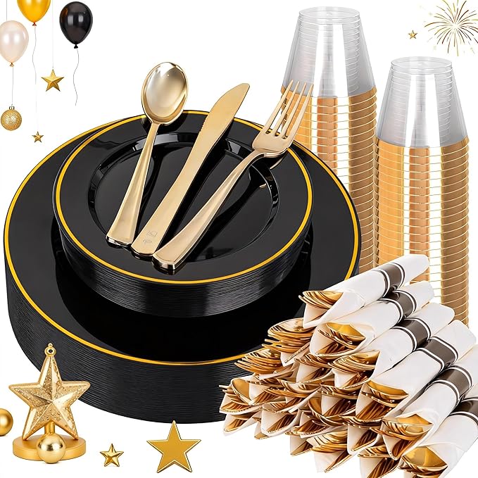 SUT 175 Pcs Black and Gold Plastic Dinnerware Set for 25 Guests, Include: 25 Dinner Plates, 25 Dessert Plates, 25 Pre Rolled Napkins With Silverware, 25 Cups, Disposable Plates for Party