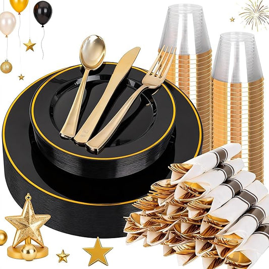 SUT 175 Pcs Black and Gold Plastic Dinnerware Set for 25 Guests, Include: 25 Dinner Plates, 25 Dessert Plates, 25 Pre Rolled Napkins With Silverware, 25 Cups, Disposable Plates for Party