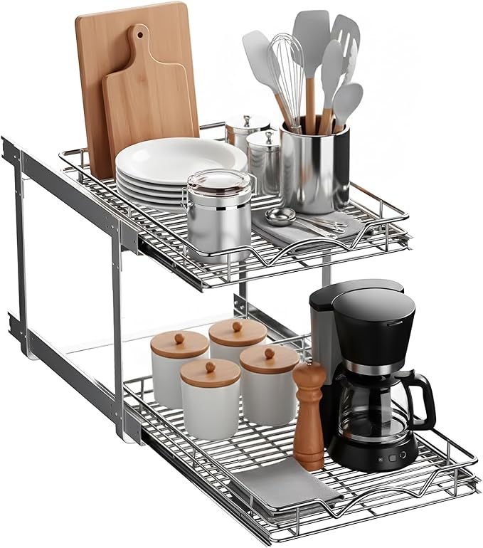 HOLDN??STORAGE Two Tier Pull Out Cabinet Organizer, Individual Sliding Drawers - Heavy Duty Metal with Lifetime Limited Warranty - Anti Rust Chrome Finish - 15" W x 21?쒭 x 16.5" H