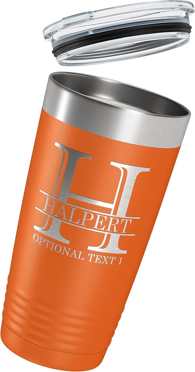Personalized 20oz (17 Colors) Powder Coated Insulated Stainless Steel Tumbler with Lid, Custom Etched, Customized Engraved Gift Idea for Women Men Her Him, Halpert Monogram Initial Name (Orange)
