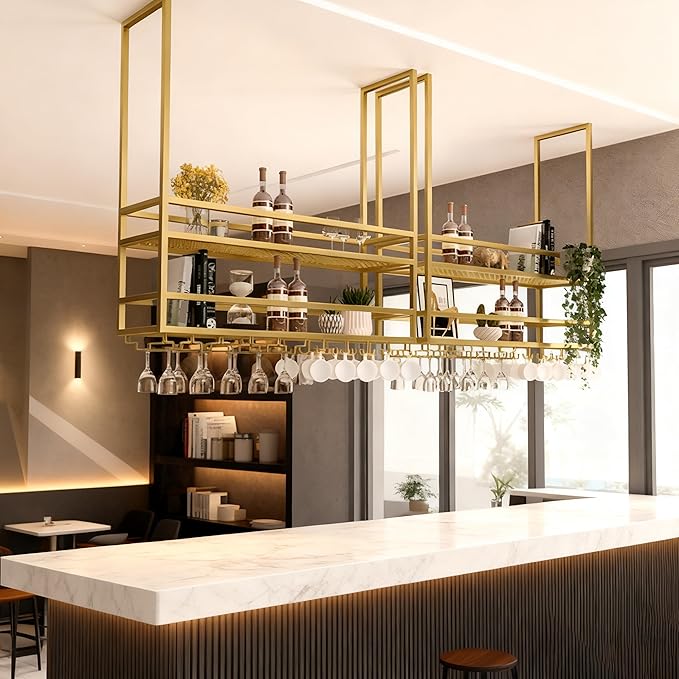 Ceiling Wine Glass Rack, Hanging Wine Display Shelf 2-Tier, Bar Liquor Storage Shelf for Bar Cafe Kitche, Metal Wine Bottle, Goblet Stemware Rack(Gold, 55.11x39.37x11.81in)