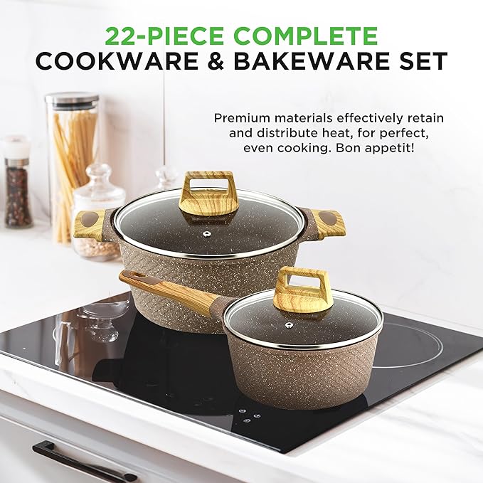 NutriChef 22?멠iece Non?멣tick Ceramic Pots and Pans Set ??For All Cooktops Including Induction ??PTFE & PFAS Free, Includes Bakeware & Utensils