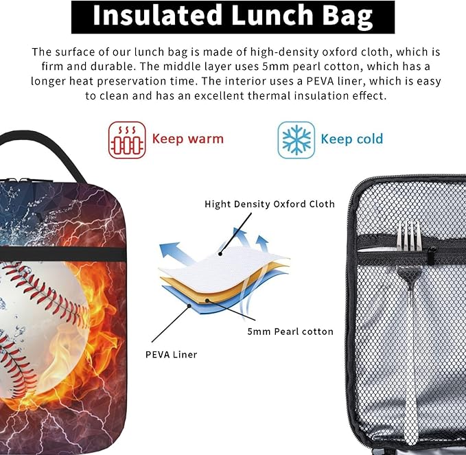 YIJIUWKIS Sports-Themed Baseball Lunch Box for Boys Girls Kids Teens Adults Reusable Insulated Lunch Bag with Fire & Water Printed Ice Packs Containers Tote Handbag