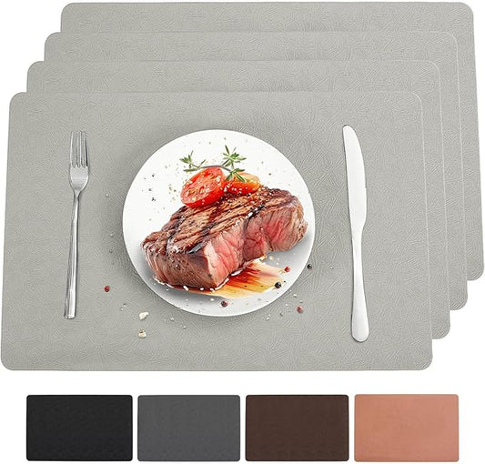 Bxzandya Vinyl Placemats Set of 4 Heat Resistant Easy Clean Non-Slip Place Mats for Dining Table Faux Leather Waterproof Stain Resistant Wipeable Washable PVC Table Mats(4, Light Gray)