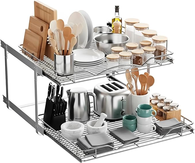 HOLDN??STORAGE Two Tier Pull Out Cabinet Organizer, Individual Sliding Drawers - Heavy Duty Metal with Lifetime Limited Warranty - Anti Rust Chrome Finish - 26" W x 21?쒭 x 16.5" H
