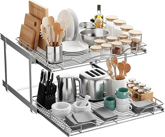 HOLDN??STORAGE Two Tier Pull Out Cabinet Organizer, Individual Sliding Drawers - Heavy Duty Metal with Lifetime Limited Warranty - Anti Rust Chrome Finish - 26" W x 21?쒭 x 16.5" H