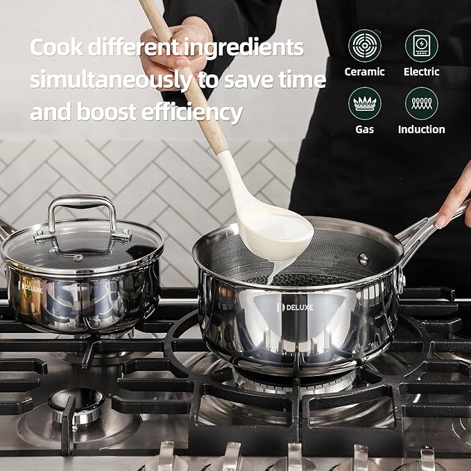Deluxe 13 Piece Hybrid Ceramic Nonstick Stainless Steel Cookware Set-5 Piece Frying Pan Set, 6 PC Pot Set, 3.7QT Deep Saut챕 Pan&Lid, Induction Ready, Stay Cool, PFOA Free Compatible with All Cooktops