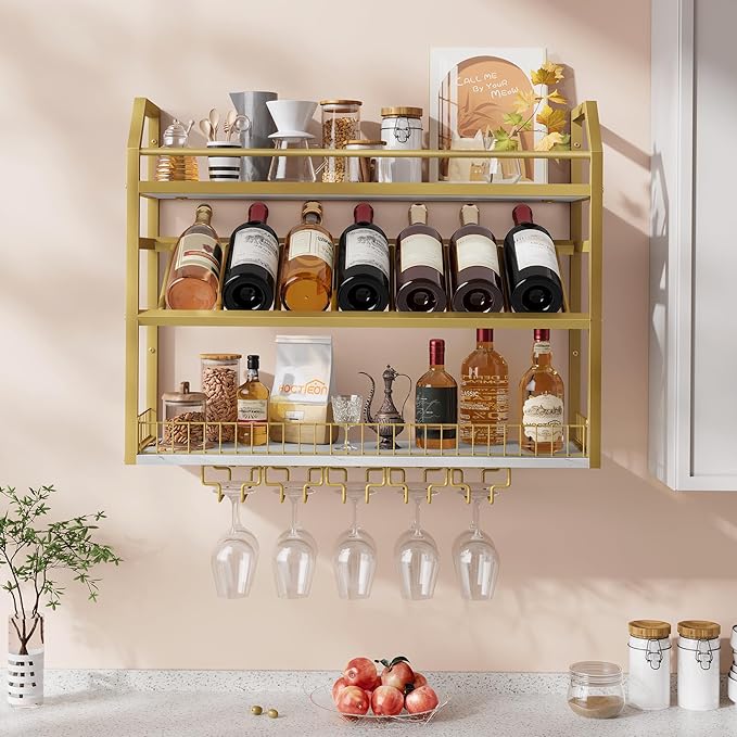 Hoctieon Wall Mount Wine Rack, Wall Mounted Wine Bottle Rack for Display and Storage, Hanging Bottle Holder, for Living Room, Dining Room, Bar, Wine Cellar, Gold&White