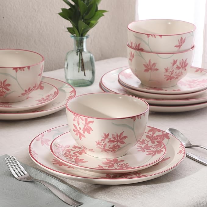 Gibson Home Admiral Hall 12-Piece Matte Stoneware Dinnerware Set ??Dinner Plates, Salad Plates & Bowls with Pink Floral Pattern, Durable Everyday Dish Set, Microwave & Dishwasher Safe