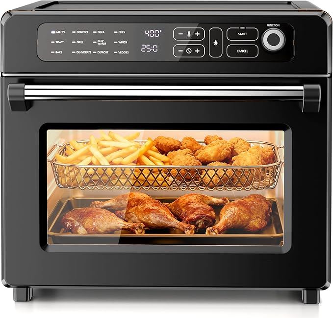 Kismile 25QT Air Fryer Toaster Oven Combo, 12-in-1 Large Countertop Convection Airfryer Oven, 70??50?? Bake, Roast, Reheat, Broil, Fits 12??Pizza, Includes Full Accessories, Stainless Steel(Black)