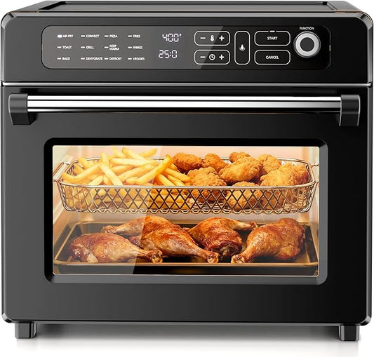 Kismile 25QT Air Fryer Toaster Oven Combo, 12-in-1 Large Countertop Convection Airfryer Oven, 70??50?? Bake, Roast, Reheat, Broil, Fits 12??Pizza, Includes Full Accessories, Stainless Steel(Black)