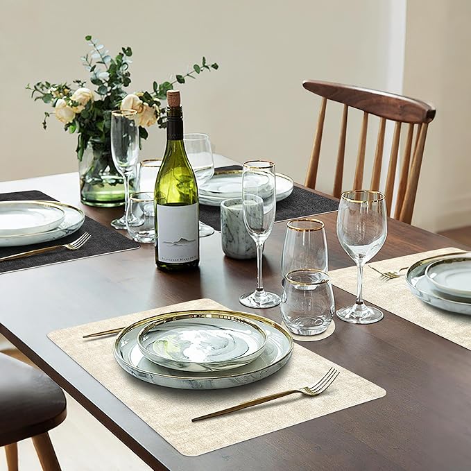 Fyvva Placemats Set of 4, Faux Leather Heat Resistant Wipeable Placemats, Dual Sided Waterproof Oilproof Washable Table Mats with Coaster, Suitable for Kitchen, Dining, Table Decor (4, Black Beige)
