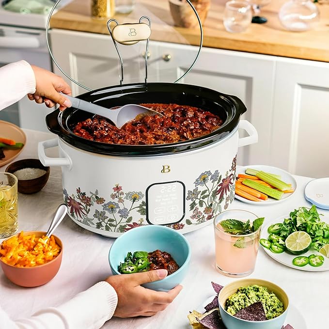 Beautiful 6 Quart Programmable Slow Cooker, 5 Cooking Presets, Digital Countdown Timer, Dishwasher Safe Parts by Drew Barrymore (Wildflower White Icing)