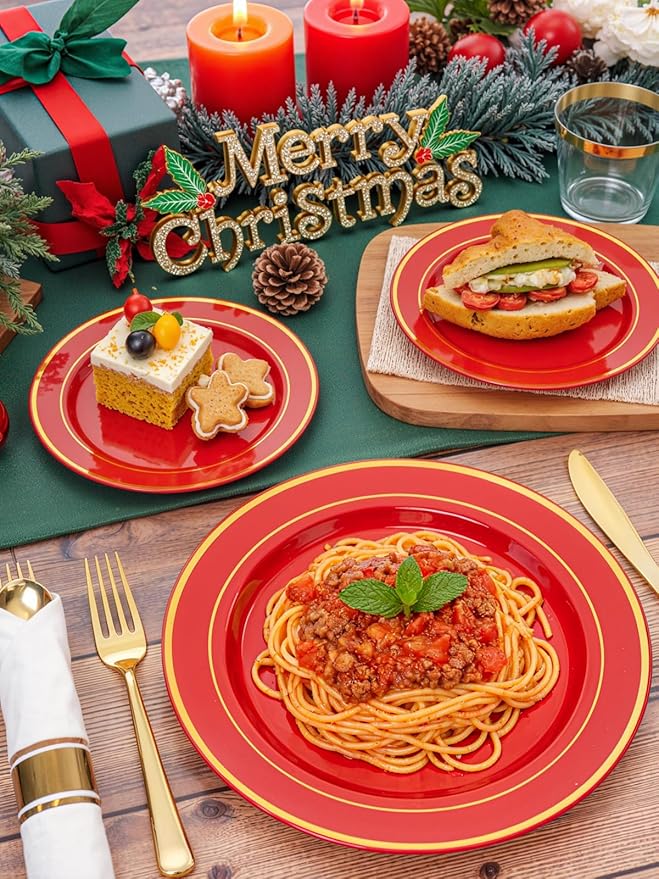 350Pieces Red Plastic Plates with Gold Rim Include 50Dinner Plate 10?? 50Dessert Plate 7?? 50 gold Cups 9 OZ, 50 Pre Rolled Napkins for Party Valentine's Day