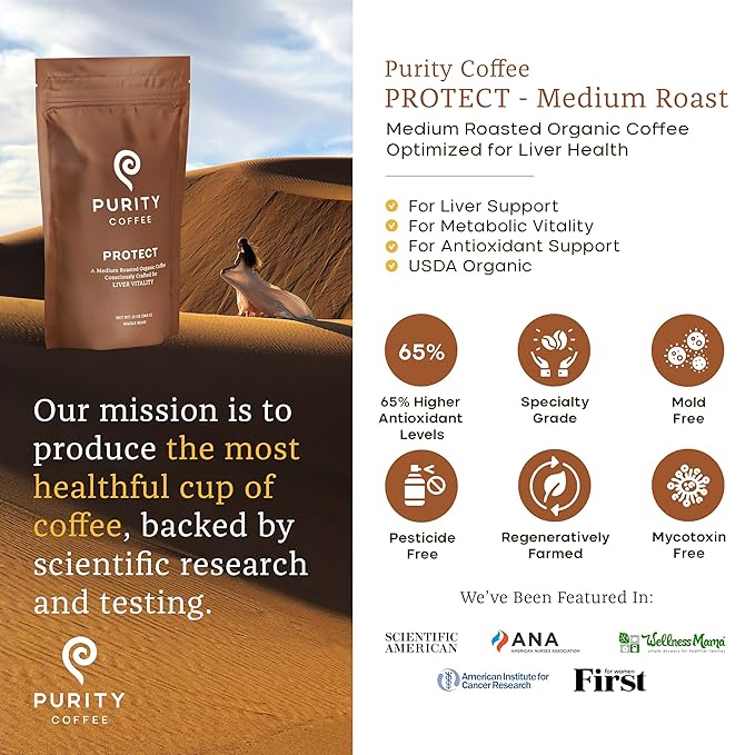 PURITY COFFEE PROTECT High Antioxidant Light-Medium Roast Whole Bean (12oz Bag) | Specialty-Grade USDA Organic Arabica Blend | Third Party Tested for Mold, Mycotoxins & Pesticides