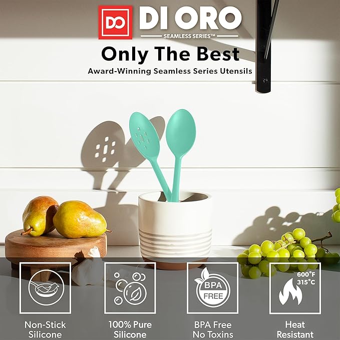DI ORO Silicone Spoons for Cooking - Large Kitchen Spoons for Mixing, Serving, & Stirring - 600째F Heat-Resistant Non Stick Utensils ??Big Solid & Slotted Basting Spoons - Dishwasher Safe (2pc, Mint)