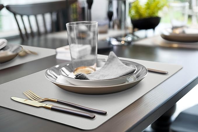More D챕cor Faux Leather Placemats Set of 4 for Dining Table ??Waterproof, Wipeable, Washable, Stain & Heat Resistant, Non-Slip Table Mats ??12 X 17 Inch, (Solid Silver 4)