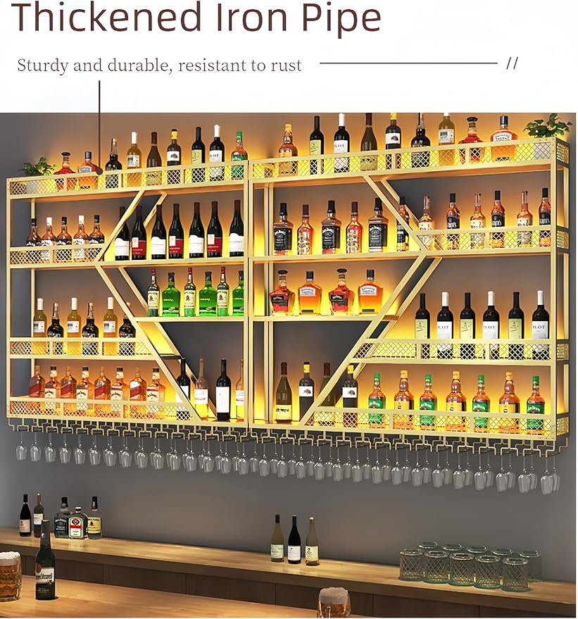 71 Inch Metal Wine Rack Wall Mounted, Modern Bar Shelves Wall Mounted Wine Rack with LED Light, Liquor Shelf Wall Mounted, Bar Shelves for Liquor Bottles (Gold with Blue led, 71-3 Tier)