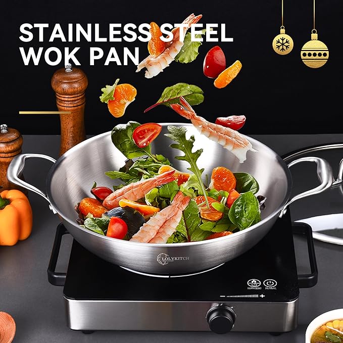 LOLYKITCH 14.5 Inch Tri-Ply Stainless Steel Chef's Wok Pan,Deep Stir-Fry Pan,Jumbo Cooker,Induction Cooking Pot,Dishwasher and Oven Safe
