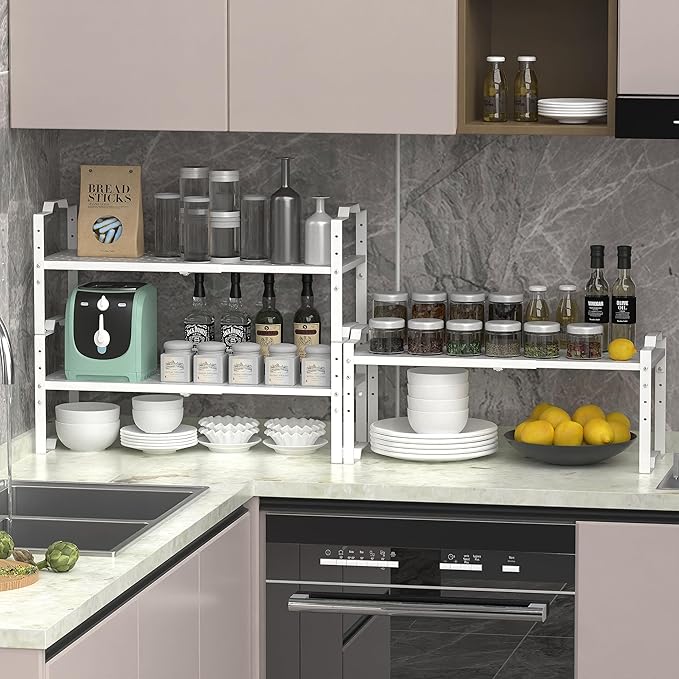 Expandable Shelf for Cabinet Organizer Adjustable Stackable Spice Rack at Kitchen and Bathroom More, Counter Countertop Cupboard Organization Pantry Storage (1 Pack/White, Large)