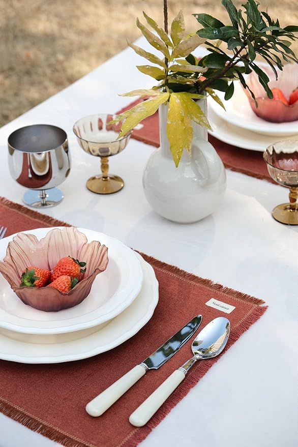 Noalumea 100% Linen Placemats Set of 4 ??Thick Terracotta Table Mats with Hand-Frayed Edges, Machine Washable, Elegant Dining Table Decor for Everyday Meals & Holiday Gatherings, 14 x 19 Inch