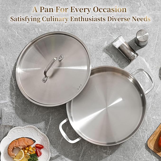 DELARLO Tri-Ply Stainless Steel 7 Quart Braiser Pan with Lid Induction Rondeau Pot With Lid 12inch Deep Frying Pan Large Saute Pan Heavy Duty Style Compatible With All Cooktops Up to 650℉