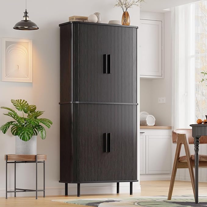 ONBRILL 71" Fluted Pantry Cabinet, Tall Kitchen Pantry Storage Cabinet with 2 Pegboards, 4 Hooks & Adjustable Shelves, Wood Cupboard for Kitchen, Dining Room, Living Room and Hallway, Black