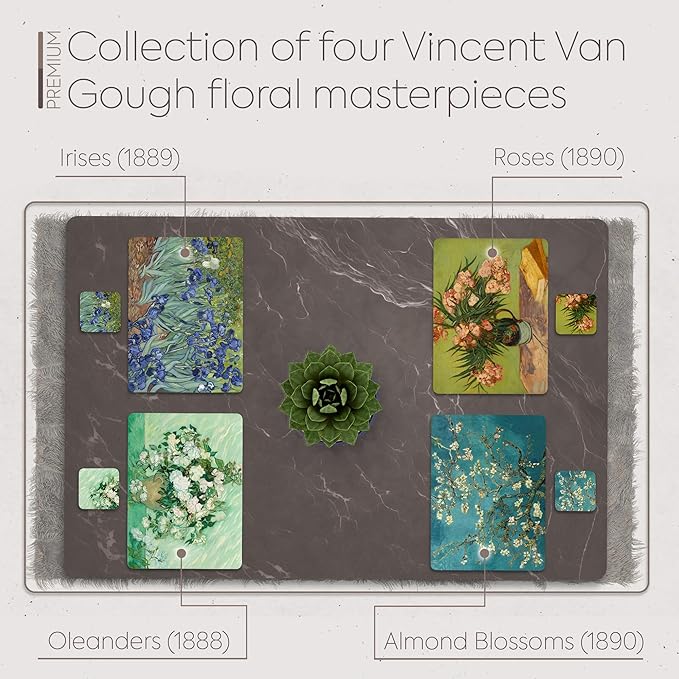 Moderry Set of 4 Heat Resistant Cork Placemats for Dining Table with Free Set of 4 Matching Drink Coasters Van Gogh Masterpieces Design 16 x 12 Inches Cork Backed Hard Placemats (Floral Van Gogh)