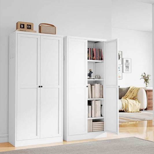 5-Tier White Steel Pantry Storage Cabinet with 2 Doors & 4 Adjustable Shelves, Tall Metal Cabinets for Kitchen, Living Room, Garage, Heavy Duty Freestanding Utility Cabinet, Assembly Require