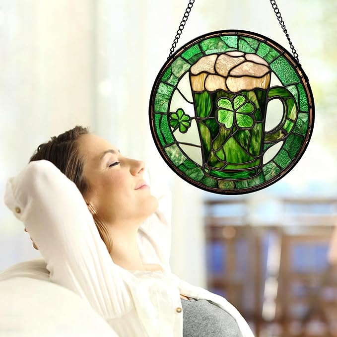 Stained Glass Window Hanging Green Clover St. Patrick's Day 7.8" - Suncatcher Door Garden Sun Catcher Irish Decoration Birthday Christmas for Woman Nana Friend Men