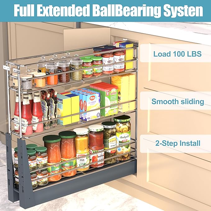 Pull Out Spice Rack for Narrow Cabinet (9.6" W X 19.7" D), Heavy Duty 3 Tier narrow PullOut Cabinet Organizer and Slide Out Shelves for inside Base Cabinets, Filler Pantry Storage
