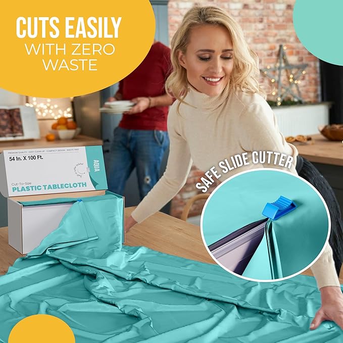 Party Solids 54 Inch X 100 Feet Aqua Plastic Table Cover Roll in A Cut - to - Size Box with Convenient Slide Cutter. Cuts Up to 12 Rectangle 8 Feet Plastic Disposable Tablecloths