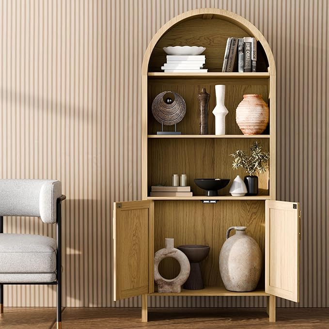 Arch Storage Cabinet with Beech-Wooden Door, 60??Arched Display Floor Cabinet, 4 Tier Farmhouse Buffet Cabinets with Storage for Dining Room, Living Room, Home Office or Kitchen (Oak)