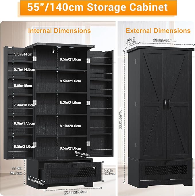 Kitchen Pantry Cabinet, Pantry Storage Cabinet with Adjustable Shelves and Drawer, Kitchen Buffet Cupboards Storage Shelf for Home Office Use (Black, 16" D x 24" W x 55" H)