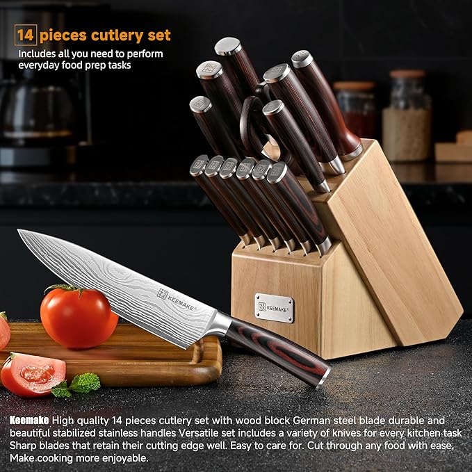 KEEMAKE Knife Block Set - 14 Piece Kitchen Knife Set with Block High Carbon Stainless Steel Ultra Sharp Chef Knife Sets Professional Kitchen Knives with Ergonomic Pakkawood Handle and Sharpener