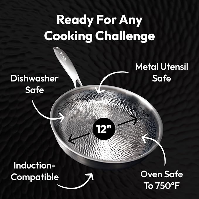 Plateful Titanium Pan For Cooking 12" - Pure, No Coating Non-Stick Titanium Cookware, Frying Pans, Hammered Pan, Safe For Oven, Induction & Cooktops Up To 750째F, Includes Lid