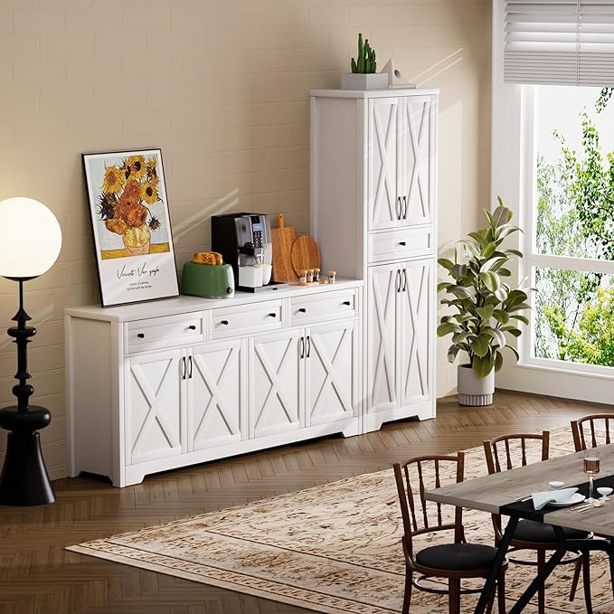 Lyromix 3 Pieces Sideboard and Pantry Set with Storage, White Farmhouse Wall Unit Entertainment Center, Large Kitchen Sideboard Buffet Pantry Cabinet with Drawers